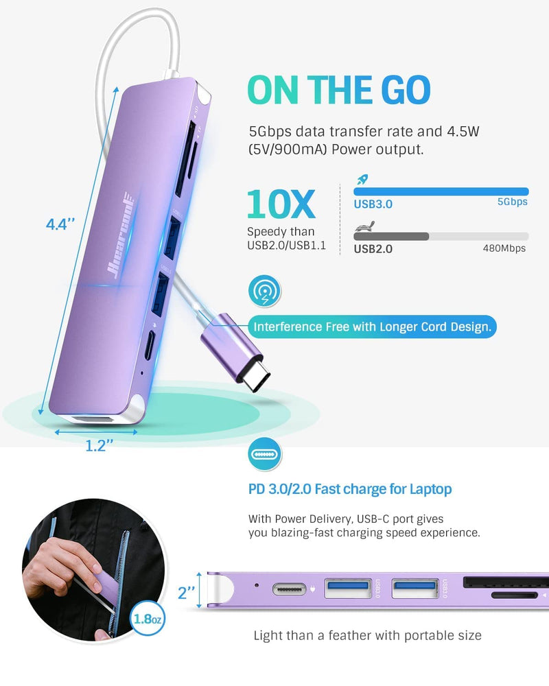 [Australia - AusPower] - USB C Hub, Hiearcool MacBook Pro Adapter USB C Dongle, 7 in 1 USB C to HDMI Multiport Adapter Compatible for USB C Laptops Nintendo and Other Type C Devices (Space Grey+Purple) 