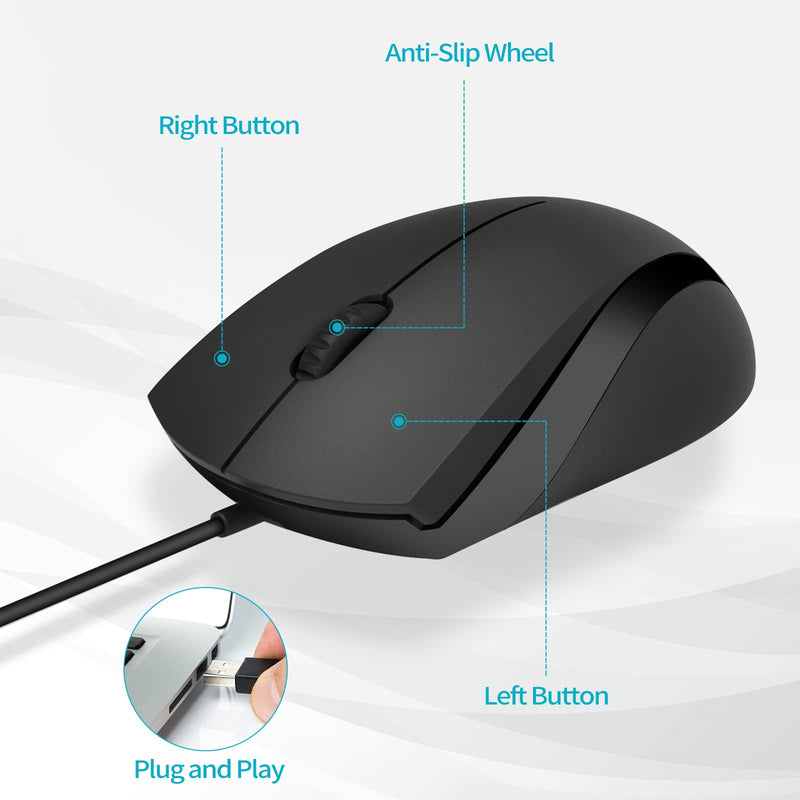 [Australia - AusPower] - RAPOO Silent Wired Mouse, 1000 DPI 5ft Cord Quiet Button Optical Computer Mouse, Left Right Hand Use, for Laptop Chromebook Mac Notebook, Matte Black 