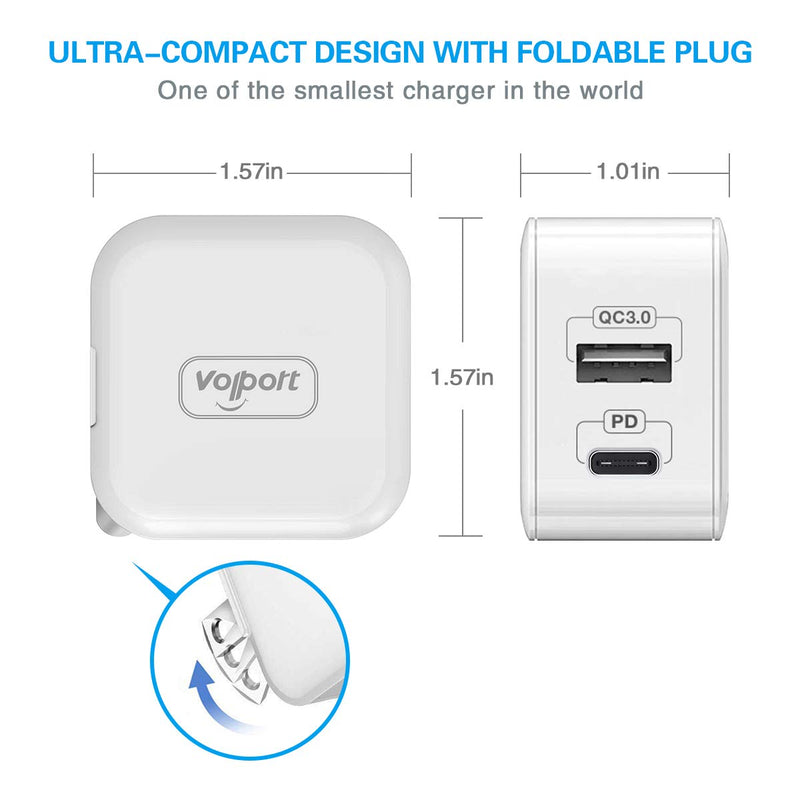 [Australia - AusPower] - USB C Wall Charger Block, [MFi Certified] VOLPORT 18W PD QC 3.0 Dual Port Charger Plug Power Adapter with Braided Type C to Lightning Cable 3.5ft Fast Charging for iPhone 13 12 11 Pro Max Mini iPad 