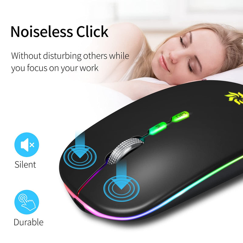 [Australia - AusPower] - LED Wireless Mouse Slim Silent Mouse 2.4G Rechargeable Wireless Computer Mouse Wireless Mouse for Laptop, MacBook, iPad, Chromebook, with USB & Type-c Receiver Black with LED Backlit 