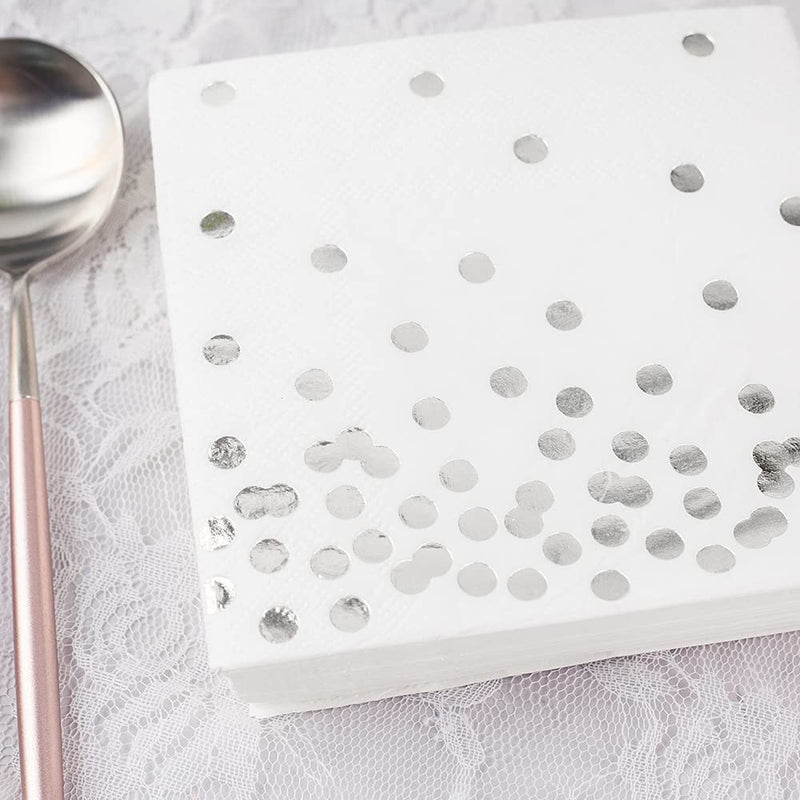 [Australia - AusPower] - 80 Pack of White Paper Cocktail Napkins with Gold Foil Polka Dot Confetti，Polka Dot Party Supplies(5 x 5 in，3-ply) (Silver) silver 