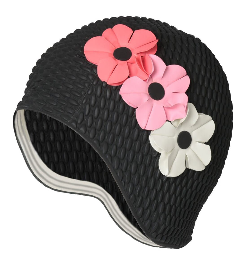 [Australia - AusPower] - BEEMO Swim Bathing Caps for Women Latex Swim Hat Triple Flowers Long/Short Hair Black / Pink and White Flowers 