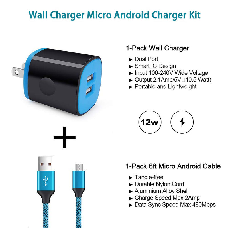 [Australia - AusPower] - Android Charger Fast Charging Micro USB Cable, 6FT Nylon Micro Cord Wall Charger Block, AbcPow 2.1A Power Adapter with Phone Cord Compatible for Samsung Galaxy S7 S6 J7 J3 Note 5, LG G4 Motorola, HTC Blue 