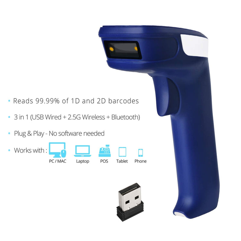 [Australia - AusPower] - ScanAvenger 1D and 2D Portable Wireless Bluetooth Barcode Scanner: 3-in-1 - Cordless, Rechargeable Scan Gun for Inventory Management - Wireless, Handheld, USB Bar Code/QR Code Reader - Hand Scanner 