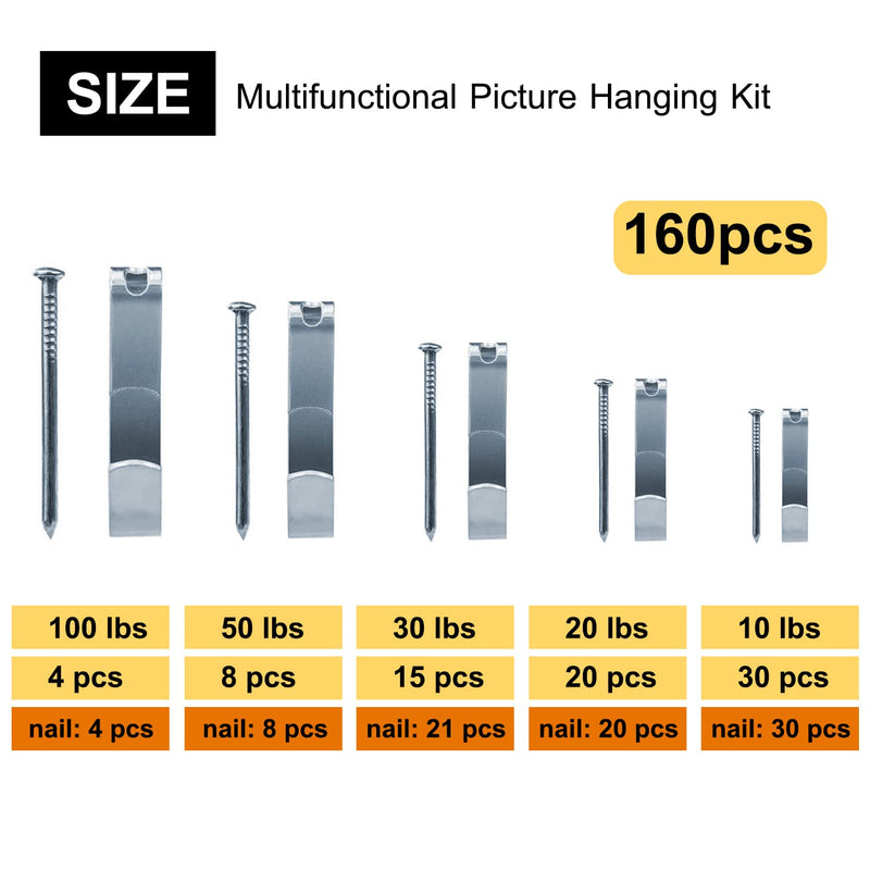[Australia - AusPower] - Picture Hangers, 160pcs Picture Hooks with Nails , 10-100lbs Picture Frame Hangers, Professional Picture Hanging kit on Wooden Wall / Drywall for Pictures, Canvas, Mirror, Holds 10-100 lbs（Silver） Silver10- 100lbs 