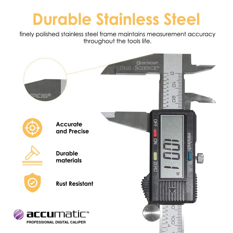 [Australia - AusPower] - DIGI-Science Accumatic Digital Caliper Measuring Tool | 6 Inch Stainless Steel Electronic Vernier Calipers Measures up to 0-6”/0-150mm | Large LCD Display Screen | 2 Batteries Included (50-10150) 