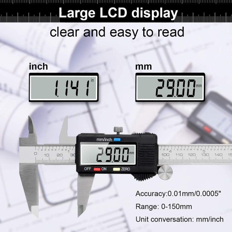 [Australia - AusPower] - Caliper Measuring Tool, Qfun Vernier Digital Caliper Stainless Steel 6 Inch/150mm, Digital Micrometer Waterproof, Easy Switch from Inch to Millimeter, Large LCD Screen 