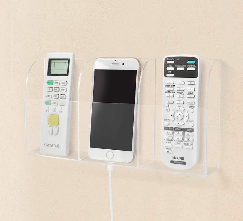 [Australia - AusPower] - Pansyling Large Acrylic 3-Slot Wall Mounted Smart Phone Charging Holder Station Clear Hanging TV Remote Control Holder Organizer Acrylic Wall Pocket Container Bedside Nightstand Clear Phone Charging Stand Caddy Media Organizer Box 3-Slot Phone Holder 