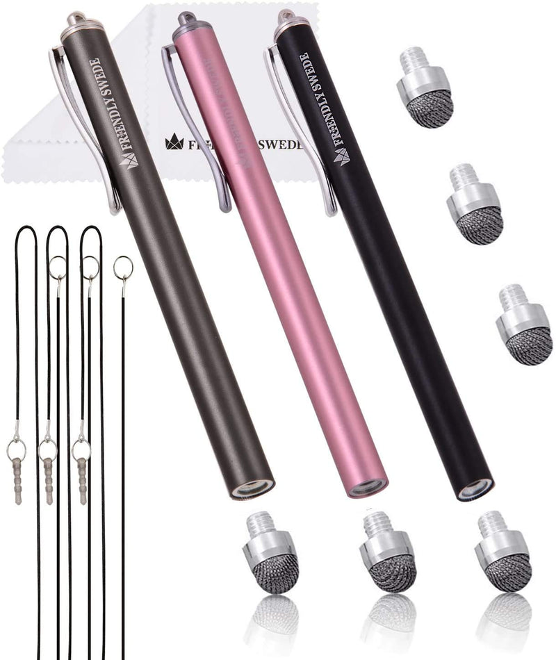 [Australia - AusPower] - The Friendly Swede Stylus Pens for Touch Screens - Micro-Knit Mesh Tip Capacitive Stylus Pen for Tablets and Phone, with Replaceable Fiber Tip Design (3 Pack) Pink + Black + Grey 