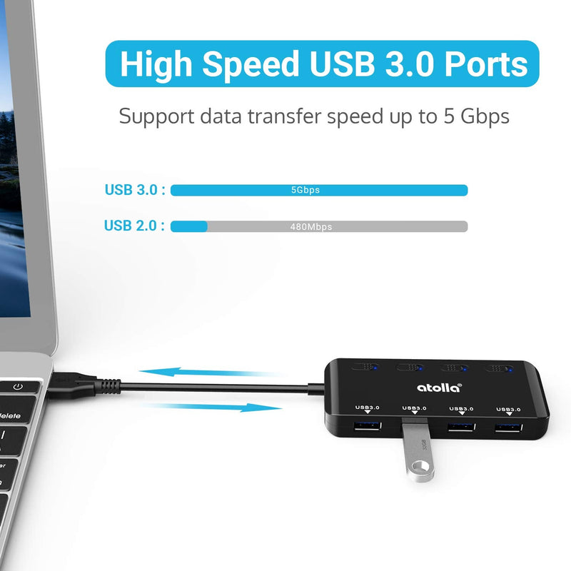 [Australia - AusPower] - USB 3.0 Hub Splitter - USB Extender 4 Port USB Ultra Slim Data Hub with Individual Power Switch and LED 0.5 FT 