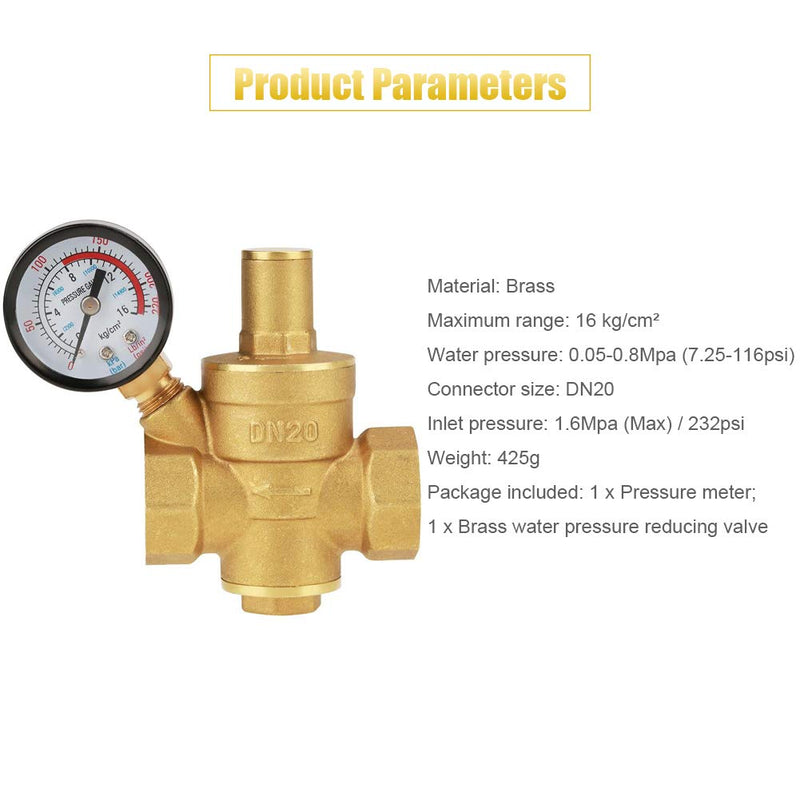 [Australia - AusPower] - Water Pressure Regulating Valve, DN20 G3/4inch Brass Water Pressure Reducing Valve 3/4 Adjustable Pressure Reducing Valve 1/2 Inch Thread Water Pressure Regulator with Gauge Meter 1.6MPa 