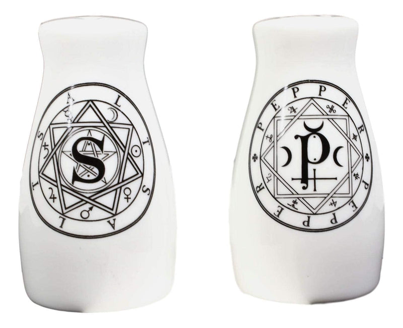 [Australia - AusPower] - Ebros Wicca Magic Sacred Geometry Interwoven Pentacle Crescent Moons Ceramic Salt And Pepper Shakers Set Figurines Party Kitchen Tabletop Halloween Ossuary Macabre Alchemy Collectible Decorative 