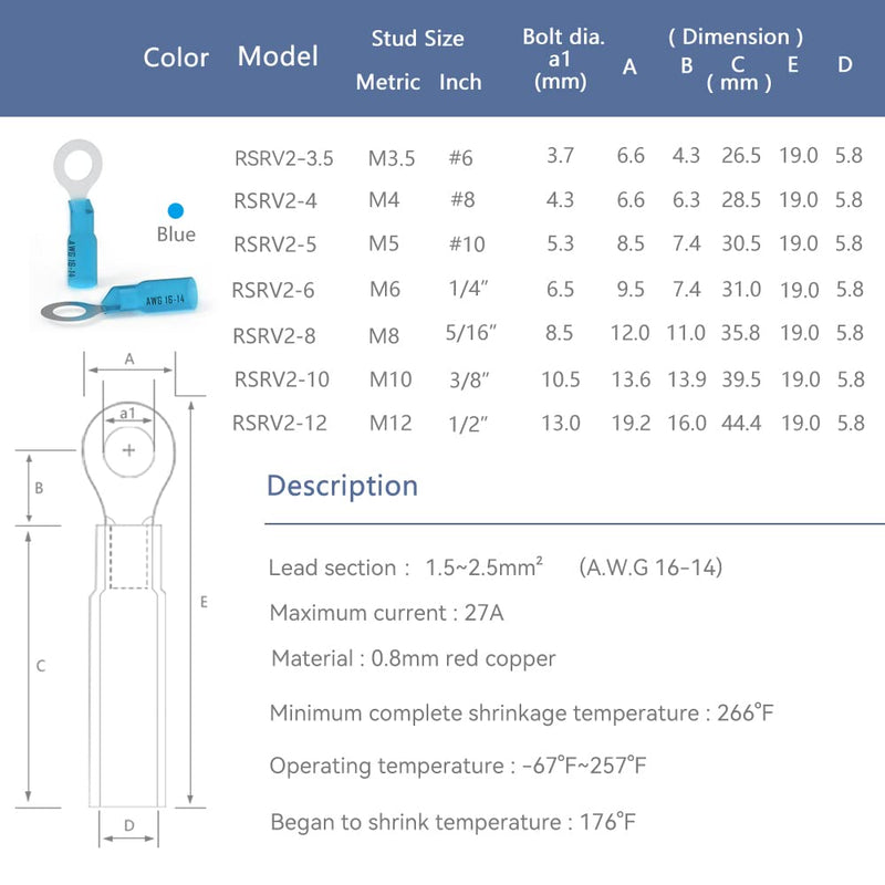 [Australia - AusPower] - HKS 50 PCS Ring Terminals 3/8" Blue 16-14 AWG - M10 - Electrical Connectors - Heat Shrink Wire Connector Kit - Tinned Red Copper - Automotive Marine Ring Connectors - Waterproof and Insulated 3/8" (M10) 