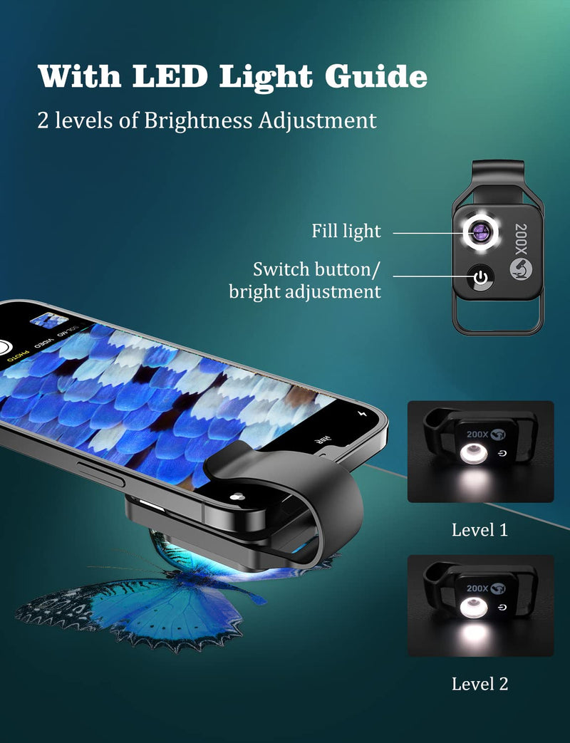 [Australia - AusPower] - Phone Microscope with CPL Lens/LED Light,200X Pocket Microscope with Universal Phone Clip Compatible with iPhone/Andriod Phone-The Best Portable Microscope to Enjoy Microworld for Kids and Adults Black 
