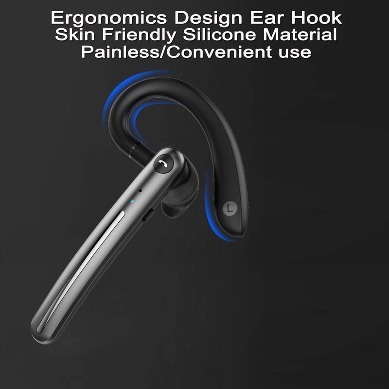 [Australia - AusPower] - IHAO Single Ear Wireless Bluetooth Earphone Noise Cancelling Stereo Dual HD Mic Headphone Earpiece 16Hrs Hands-Free Calling in-Ear Headset Painless Firm Wear for Driving/Business/Office/Trucker Black Gray 