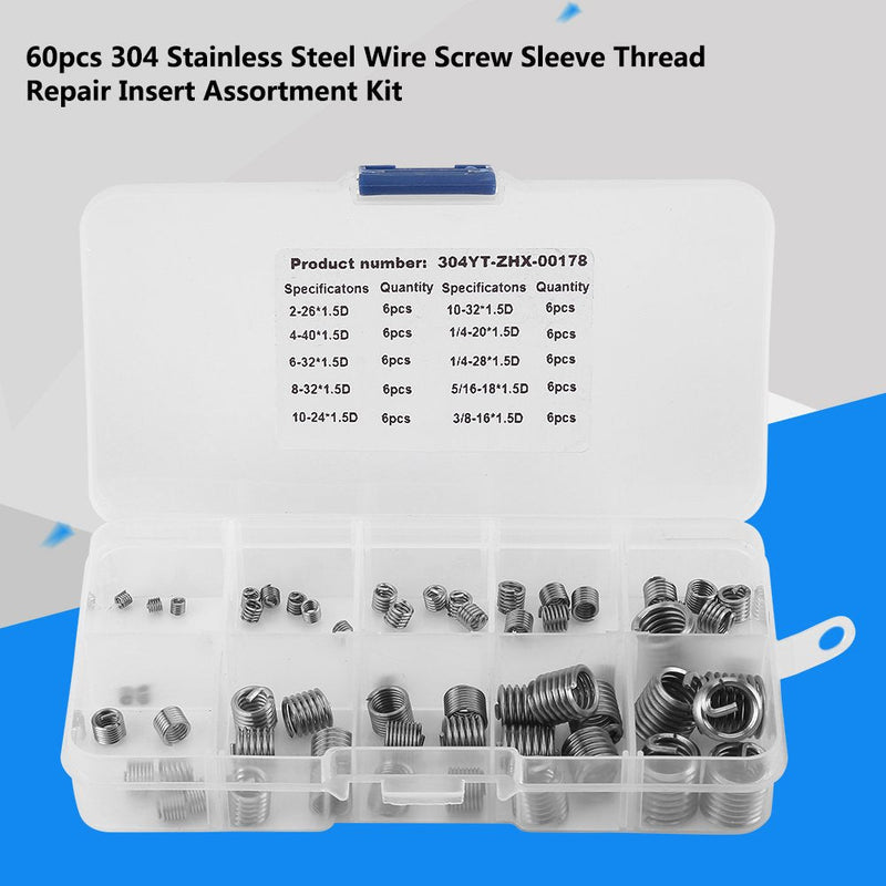 [Australia - AusPower] - Screw Repair Sleeve Assortment Kit Thread Repair Insert Assortment Kit Steel Screw Repair Sleeve 60pcs 304 Stainless Steel Threaded Insert Insert nut Wood Screw Set 