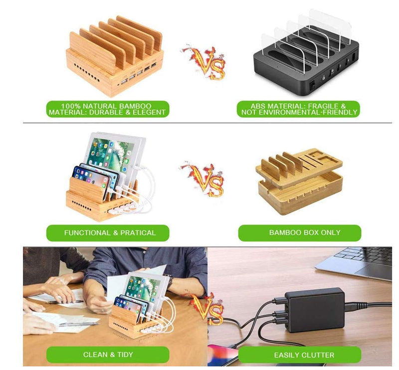 [Australia - AusPower] - Yisen Handy Wood Bamboo Multi Device Smartphone Charging Station 5-Port USB Charging Dock for for iPhone, iPad, Universal Cell Phones, Tablets and Other USB-Charged Devices (with power cord) 