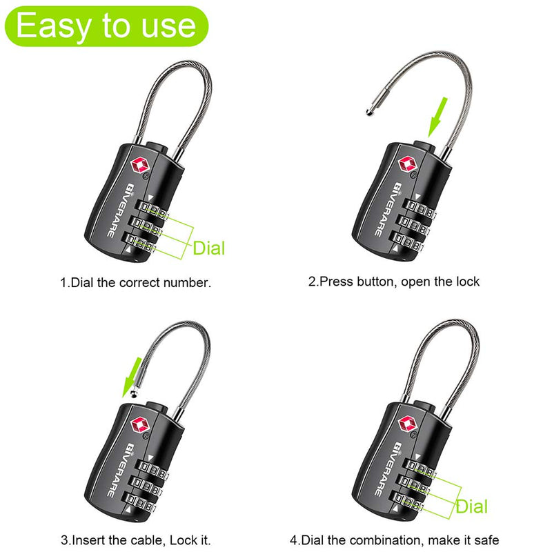 [Australia - AusPower] - GIVERARE TSA Approved Luggage Locks, Combination Travel Cable Lock, Re-settable 3-Digit Padlocks with Alloy Body, Keyless Travel Sentry Accepted Padlock for Gym Locker, Golf Bag Case, Backpack-Black 1 pack Black 