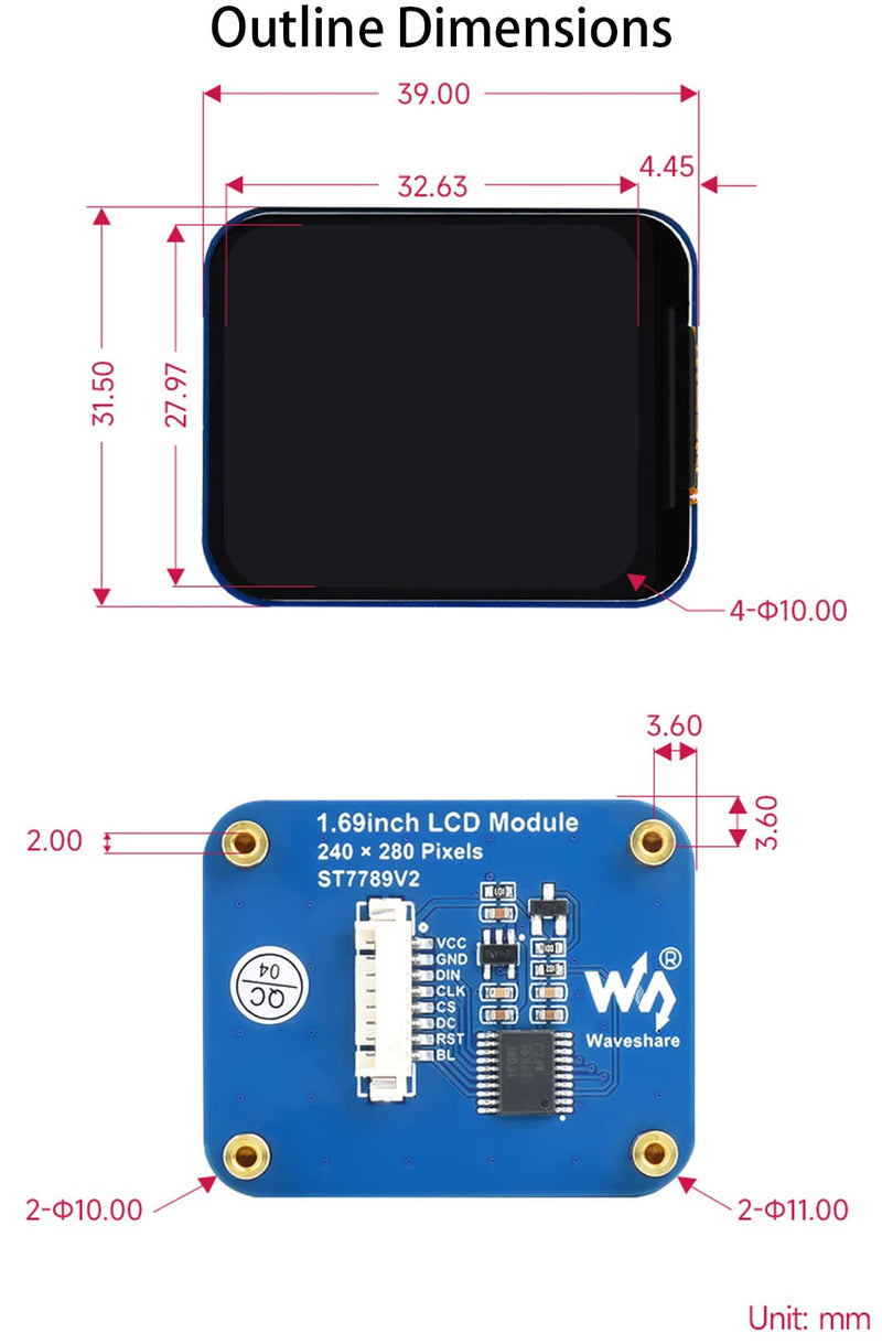 [Australia - AusPower] - waveshare 1.69inch LCD Display Module, 240x280 IPS Screen, 262K RGB Display Colors, SPI Interface,Embedded ST7789V2 Driver chip, Using SPI Interface, Compatible with Arduino,Raspberry Pi, STM32, etc. 