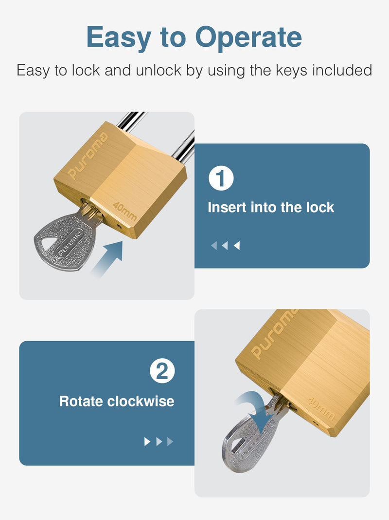 [Australia - AusPower] - Puroma 1 Pack Keyed Padlock Waterproof Solid Brass Lock, 2.6 Inch Long Shackle for Sheds, Storage Unit School Gym Locker, Fence, Toolbox, Hasp Storage 