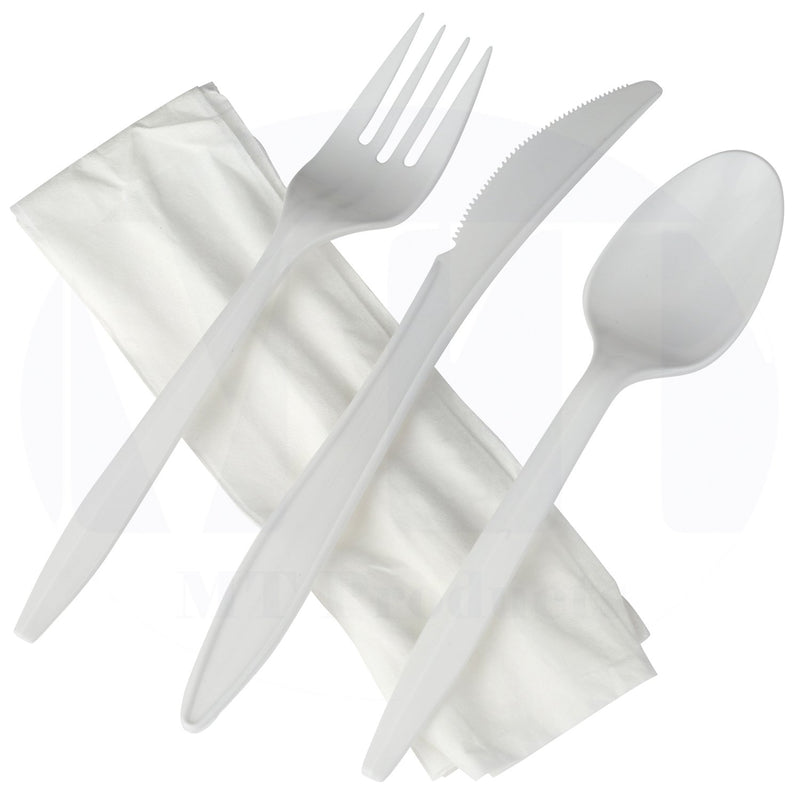 [Australia - AusPower] - Medium Weight White Plastic Cutlery Set with Napkin Individually Wrapped by MT Products - (50 Pieces) 
