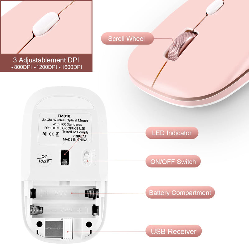 [Australia - AusPower] - Wireless Mouse, PINKCAT 2.4G Slim Silent Cordless Mouse with USB Receiver, 3 Adjustable DPI Portable Optical Wireless Computer Mice for Laptop, PC, Notebook, Computer, Deskbtop, MacBook - (Pink) pink 