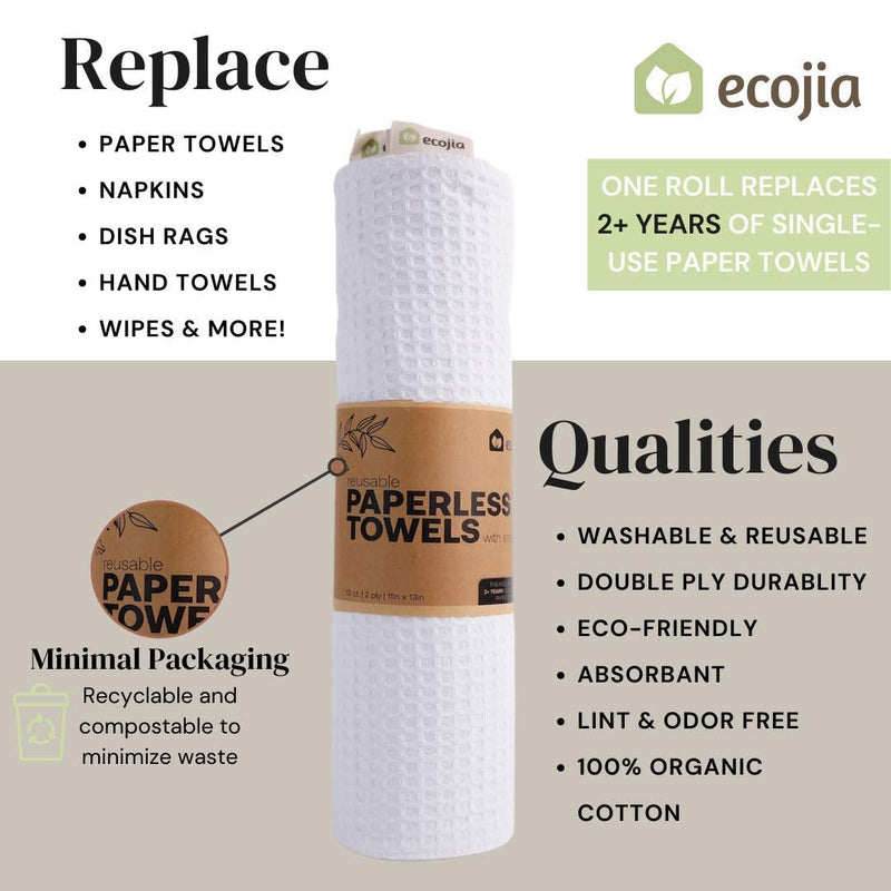 [Australia - AusPower] - Ecojia 10 SHEET Reusable Paper Towels with Snaps | Washable Roll & Sustainable 2-Ply Organic Cotton| Paperless Towels, Dish Cloths, Cleaning Rags Napkins, Natural white, 11 x 13 inch 