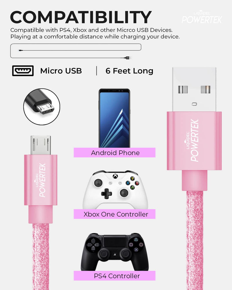 [Australia - AusPower] - Liquipel Powertek Micro USB Charger Cable for Cell Phones & Electronic Devices, 6FT (Pink) Pink 