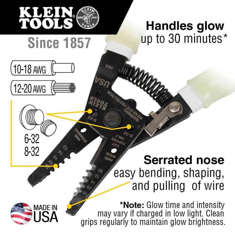 [Australia - AusPower] - Klein Tools 11055GLW Wire Stripper / Cutter, Klein-Kurve Stripper / Cutter, 10-18 AWG Solid, 12-20 AWG Stranded Wire, Glow in the Dark Grips High-Visibility Handle 