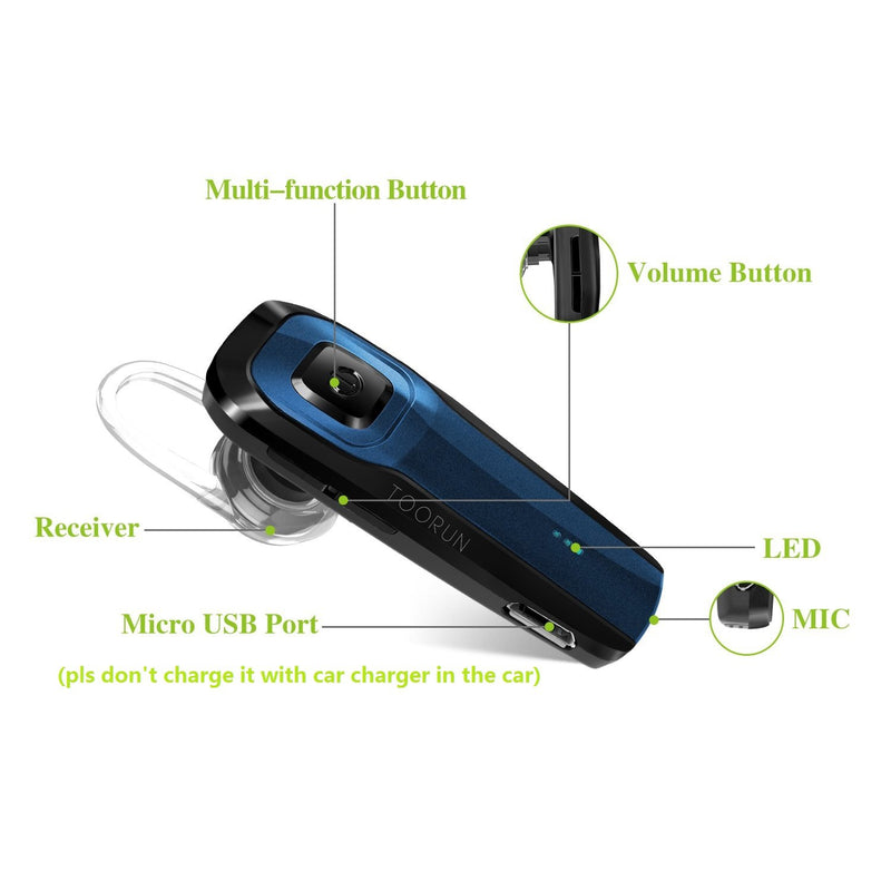 [Australia - AusPower] - TOORUN M26 Bluetooth Headset V5.0 Earpiece with Noise Cancelling-Blue 