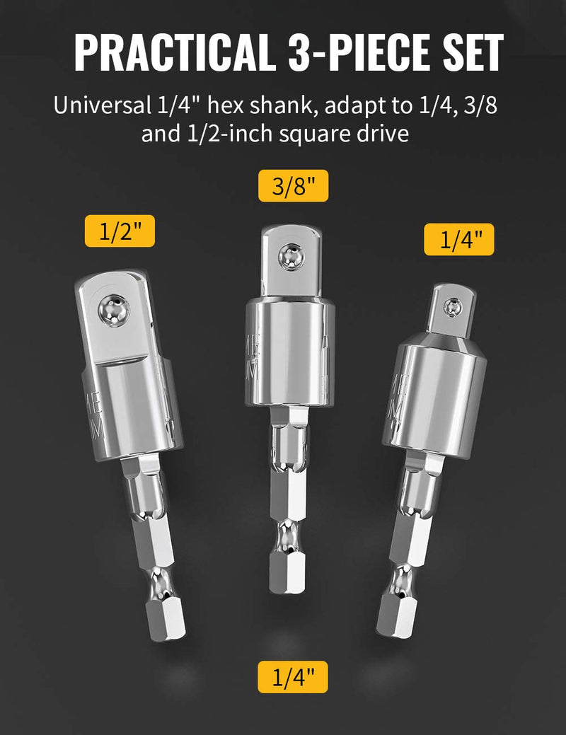 [Australia - AusPower] - Tool Gift for Man, 3-Piece Power Drill Sockets Adapter Sets, 360°Rotatable Hex Shank Impact Driver Socket Adapter, Socket to Drill Adapter 1/4" 3/8" 1/2" Impact Driver Adapter 