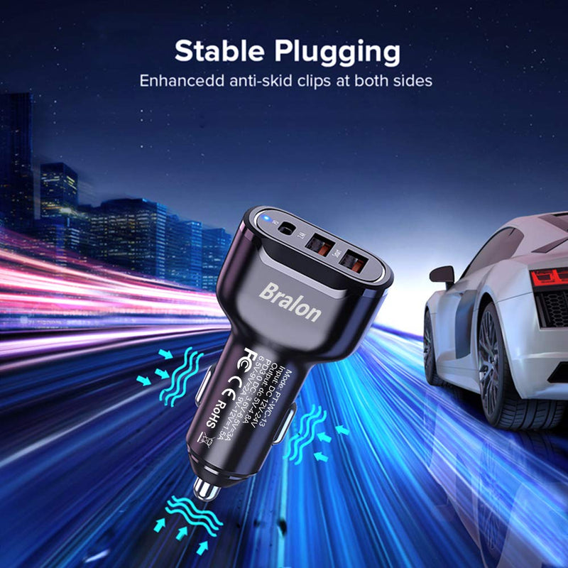 [Australia - AusPower] - USB C Car Charger,Bralon 44W(20W PD 3.0 & Dual USB-A 24W/4.8A) Rapid Car Charger Adapter Compatible with Phone 12/12 Pro(Max)/12 mini/11/11 Pro(Max)/XS/XR/X/8/7,Galaxy Note S10 S9 S8 S7 & More Black-1Pack 