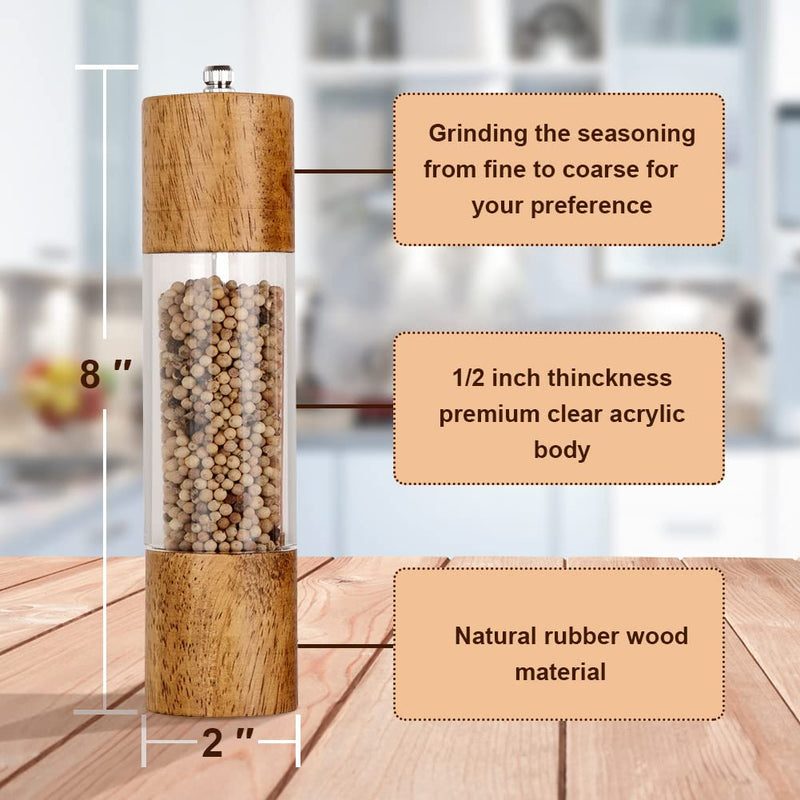 [Australia - AusPower] - XQXQ Premium Acrylic Salt and Pepper Grinder Set, Manual Salt and Pepper Mills- Wooden Shakers with Adjustable Ceramic Core-Salt Grinder and Pepper Mill -8 Inches-Pack of 2 8 inch 