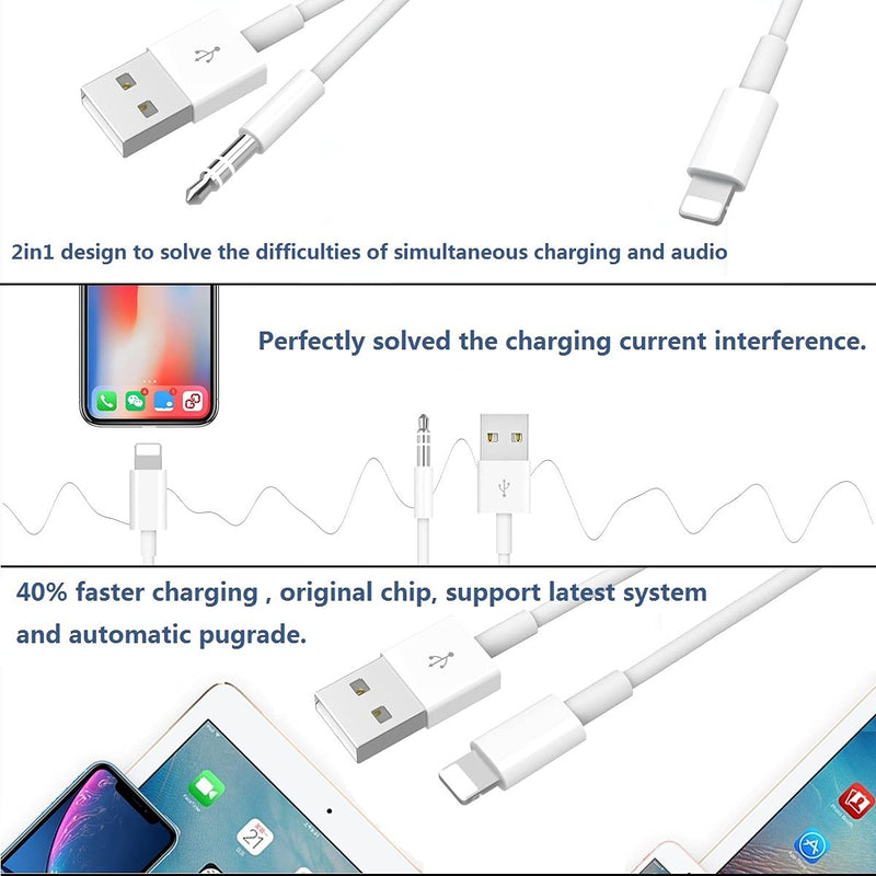 [Australia - AusPower] - [Upgraded ] 2 in 1 Audio Charging Cable Compatible with iPhone/iPad, Charge and Play Music Simultaneously Support to Car Stereo/Speakers/Headphone with 3.5mm Audio Jack, 3.94Ft (White) 