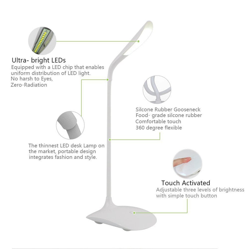 [Australia - AusPower] - Greaty Portable Touch Control LED Desk Lamp Eye Care Rechargeable Dimmable Reading Light with Gooseneck and USB Charging Port, 3 Levels of Adjustable Brightness (White) (Pink) White,pink 