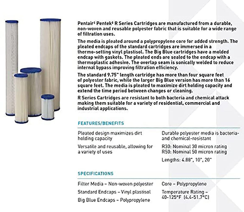 [Australia - AusPower] - Pentair Pentek R30-20BB Big Blue Sediment Water Filter, 20-Inch, Whole House Pleated Polyester Filter Cartridge, 20" x 4.5", 30 Micron 