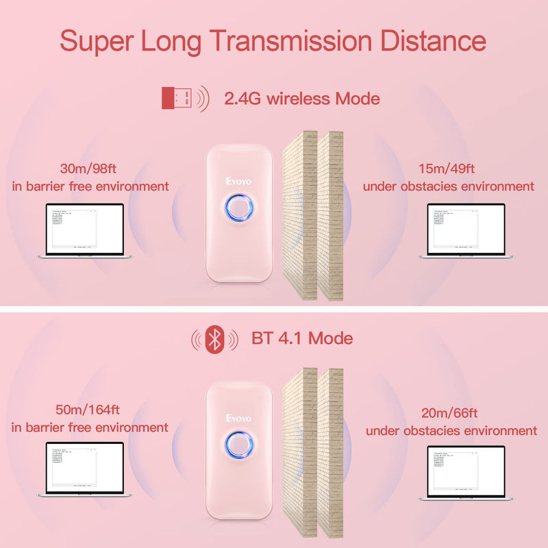 [Australia - AusPower] - Eyoyo Mini 1D Bluetooth Barcode Scanner, 3-in-1 Bluetooth & USB Wired & 2.4G Wireless Barcode Reader Portable Bar Code Scanning Work with Windows, Android, iOS, Tablets or Computers(Pink) Pink 