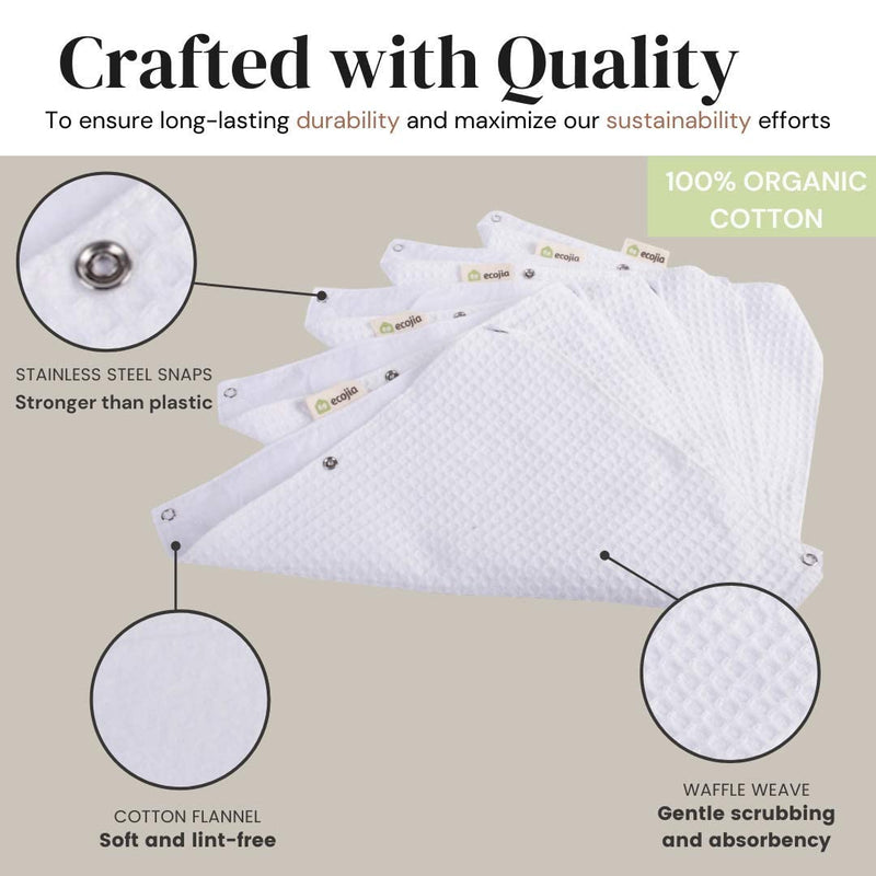 [Australia - AusPower] - Ecojia 10 SHEET Reusable Paper Towels with Snaps | Washable Roll & Sustainable 2-Ply Organic Cotton| Paperless Towels, Dish Cloths, Cleaning Rags Napkins, Natural white, 11 x 13 inch 