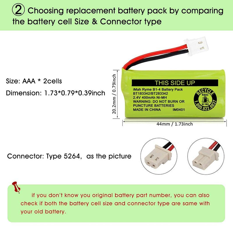 [Australia - AusPower] - iMah BT183342/BT283342 2.4V 400mAh Ni-MH Battery Pack, Also Compatible with AT&T VTech Cordless Phone Batteries BT166342/BT266342 BT162342/BT262342 2SN-AAA40H-S-X2, Pack of 2 