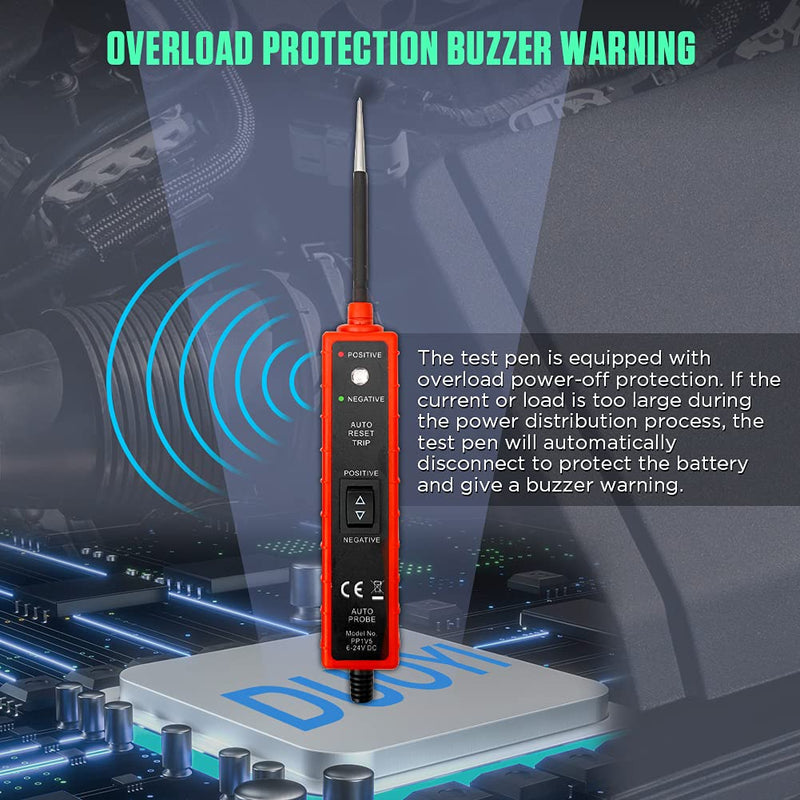 [Australia - AusPower] - Power Circuit Probe Tester 6V-24V DC Test Light Short Circuit Tester Component Activation Electrical Tester Polarity Identify Continuity Tester with LED Light, Long Test Lead, Overload Protection 