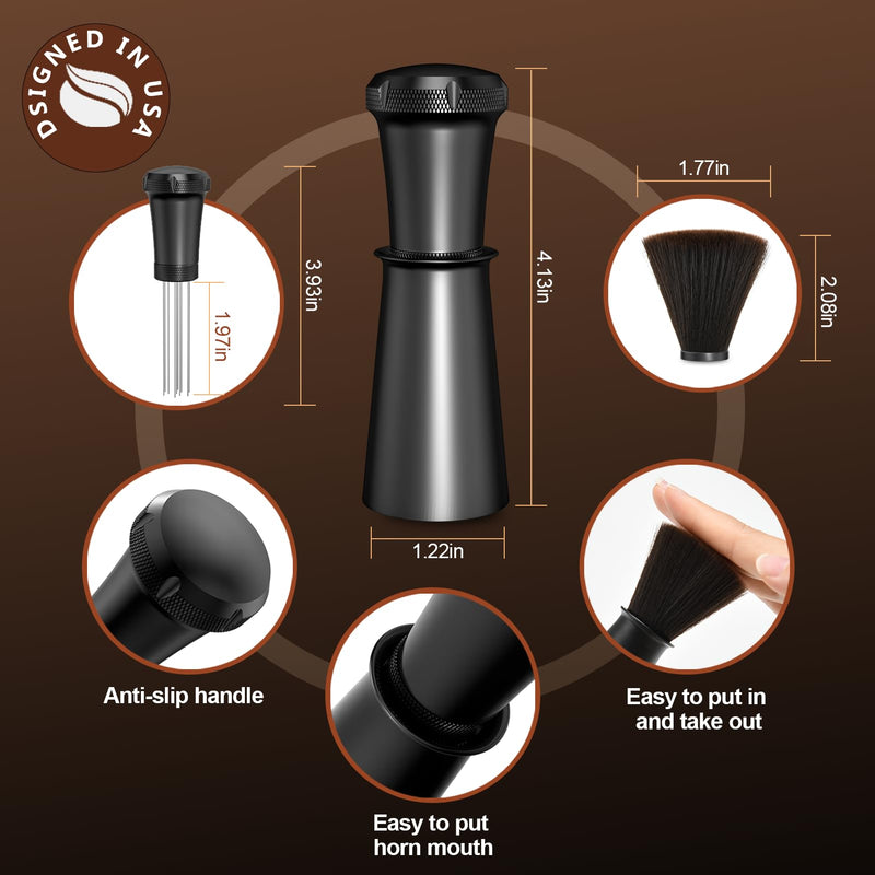 [Australia - AusPower] - Nessus WDT Espresso Distribution Tool, Espresso Accessories with Built-in Cleaning Brush, 0.35mm 10 Needle Distributor and Extra 10 Needles for Espresso Stirrer, Aluminum Handle with Stand for Barista 