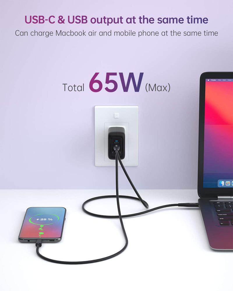 [Australia - AusPower] - USB C Charger 65W Fast Wall Charger, imuto PD3.0 & GaN Tech 2-Port Type C +USB Power Adapter Compact Foldable Travel Charger for iPhone 12 Mini Pro Max, MacBook Pro, Galaxy, Switch and More GAN-65W 