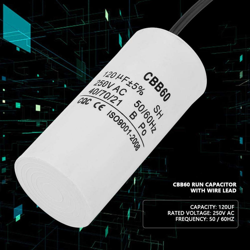 [Australia - AusPower] - Vikye CBB60 Run Capacitor 250V AC 120uF 50/60Hz with Wire Lead Run Round Capacitor for Motor Air Compressor, Air Conditioners, Compressors and Motors 