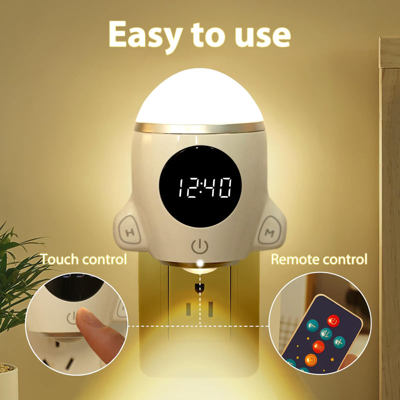 [Australia - AusPower] - QANYI Night Lights Plug into Wall, Space Rocket LED with Rechargeable and Remote, Time Clock, Dimmable Lights for Kids Room Bedroom Hallway Kitchen Bathroom White 