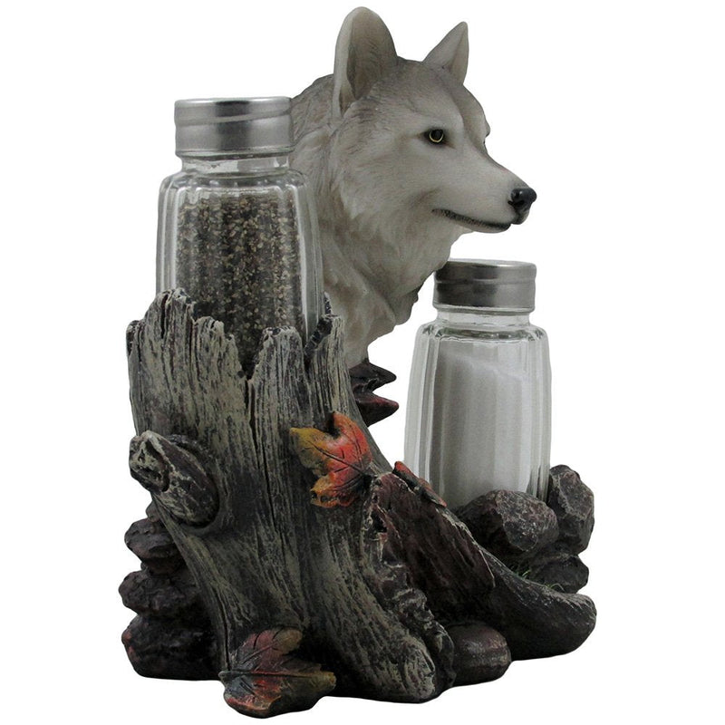 [Australia - AusPower] - Decorative Gray Wolf Glass Salt and Pepper Shaker Set with Holder Figurine for Cabin and Rustic Lodge Restaurant Bar or Kitchen Table Decor, Wildlife Animal Collectibles & Wolves Sculptures As Gifts 