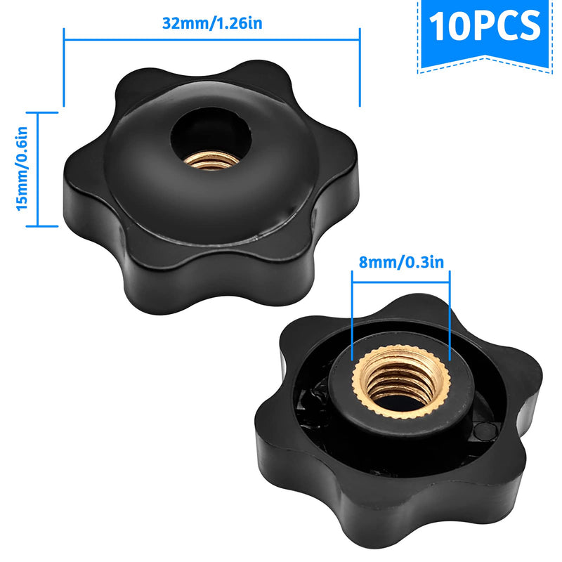 [Australia - AusPower] - 10pcs M8 Star Knob Nut, Knurled Clamping Thru Hole Female Threaded Knobs, Black Plastic Screw-On Handle Clamping Knob Grip for Mechanical Equipment 