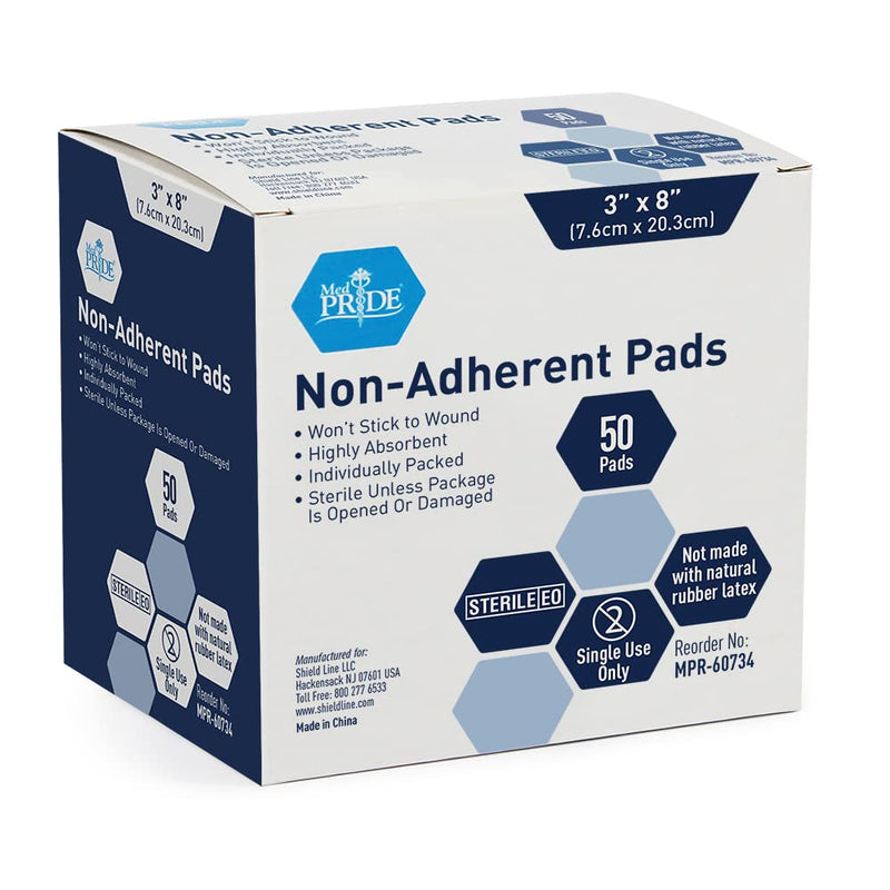 [Australia - AusPower] - Medpride Sterile Non-Adherent Pads| 50-Pack, 3” x 8”| Non-Adhesive Wound Dressing| Highly Absorbent & Non-Stick, Painless Removal-Switch| Individually Wrapped for Extra Protection 3x8 Inch (Pack of 50) 