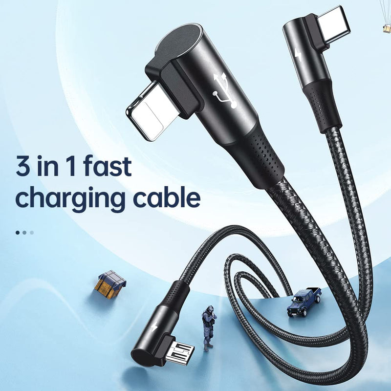 [Australia - AusPower] - Mcdodo 3 in 1 Multi Charger 90 Degree Cable Nylon Braided Universal Multiple USB Charging Cord Adapter iOS/Type-C/Micro Compatible with Cell Phones Tablets More(Charging Only) (3 in1 Black, 4FT/1.2M) 3 in1 Black 