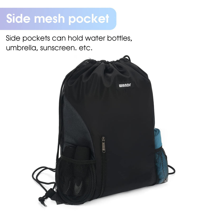 [Australia - AusPower] - WANDF Drawstring Backpack Sports Gym Sackpack with Mesh Pockets Water Resistant String Bag for Women Men Children Black 