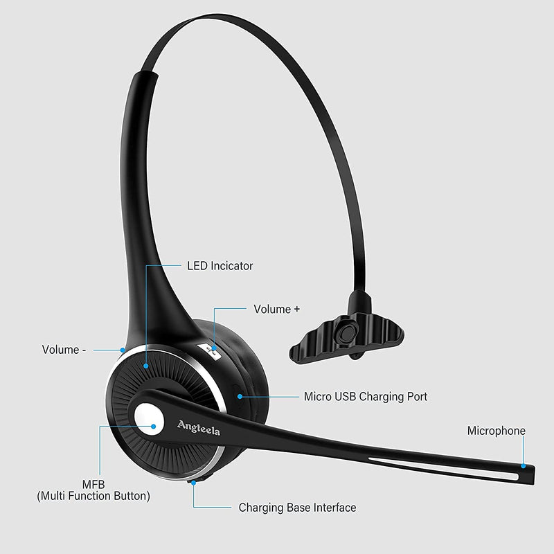 [Australia - AusPower] - Trucker Bluetooth Headset, Angteela Wireless Headset with Microphone, Wireless Cell Phone Headset with Noise Canceling Mic Charging Base Mute Function for Home Office Call Center Skype 
